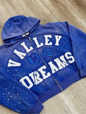 Royal Blue Hooded Zip Vest with 'Valley Dreams' Embroidered Appliqué